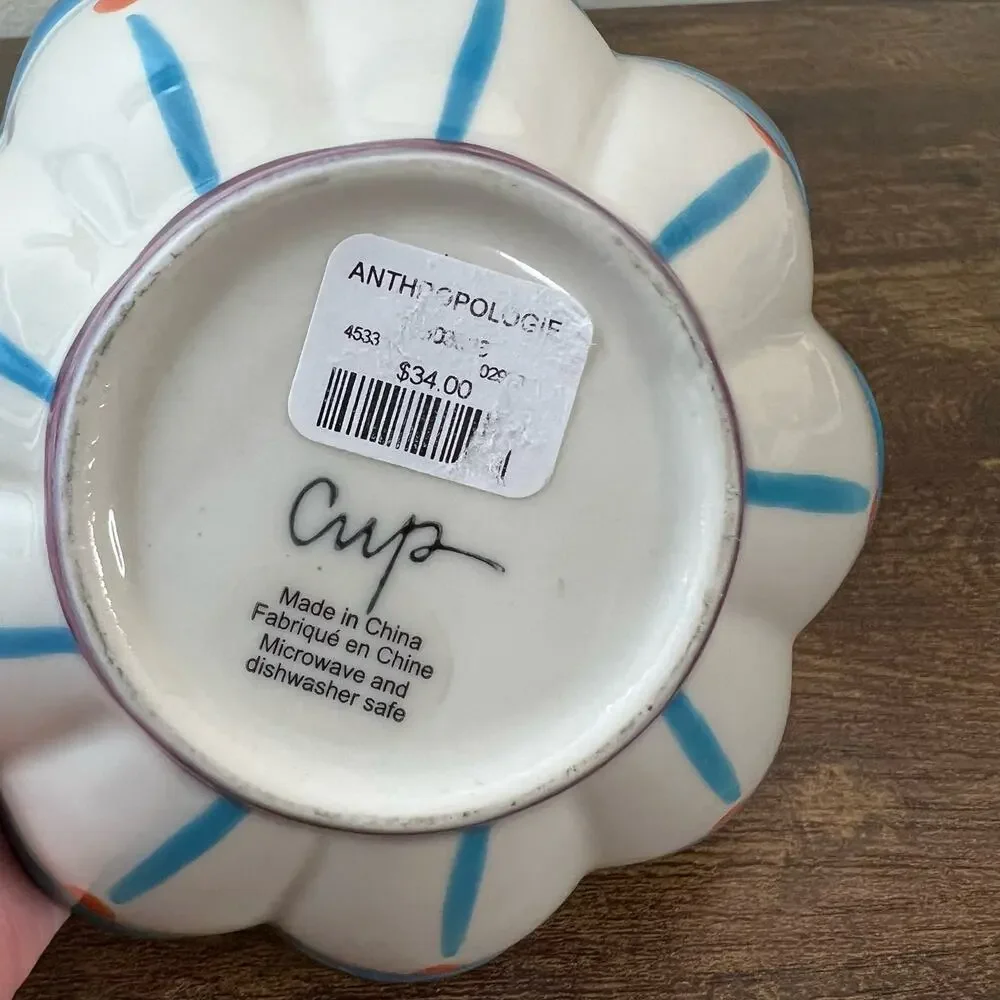 Anthropologie 1 CUP Measuring Cup Bowl Flower Ceramic Blue Kitchenware Boho New